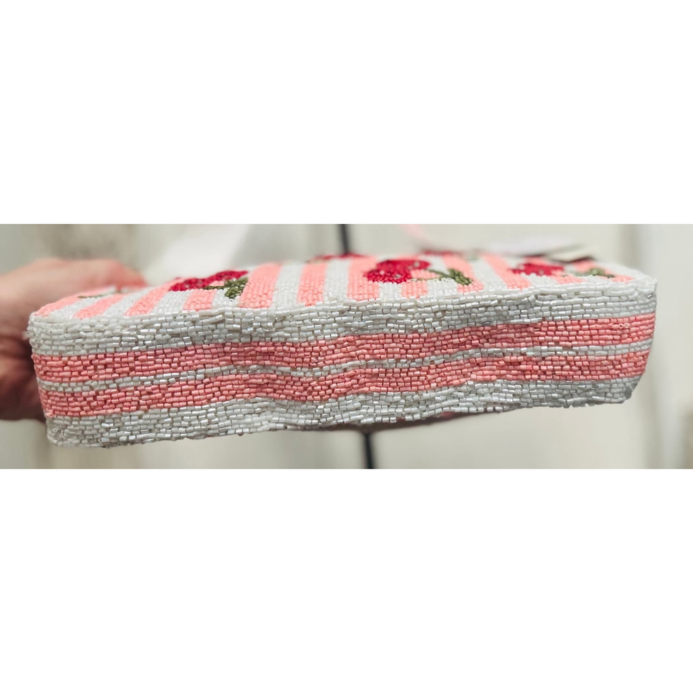 Handcrafted in India Viral Beaded Cherries Cherry Pink Striped Shoulder Bag - Picture 11 of 11
